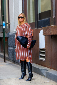 black bag, black shoes, brown dress, celine aagaard, fashion week, frenchystyle, full length, FW, graphic bag, graphic dress, graphic shirt, high boots, high heels, jonathan paciullo, leather bag, leather shoes, NEW YORK, NYFW, printed dress, printed shirt, shirt dress, SPRING SUMMER 2018, SS 18, street style, striped shirt, sunglasses, vertical