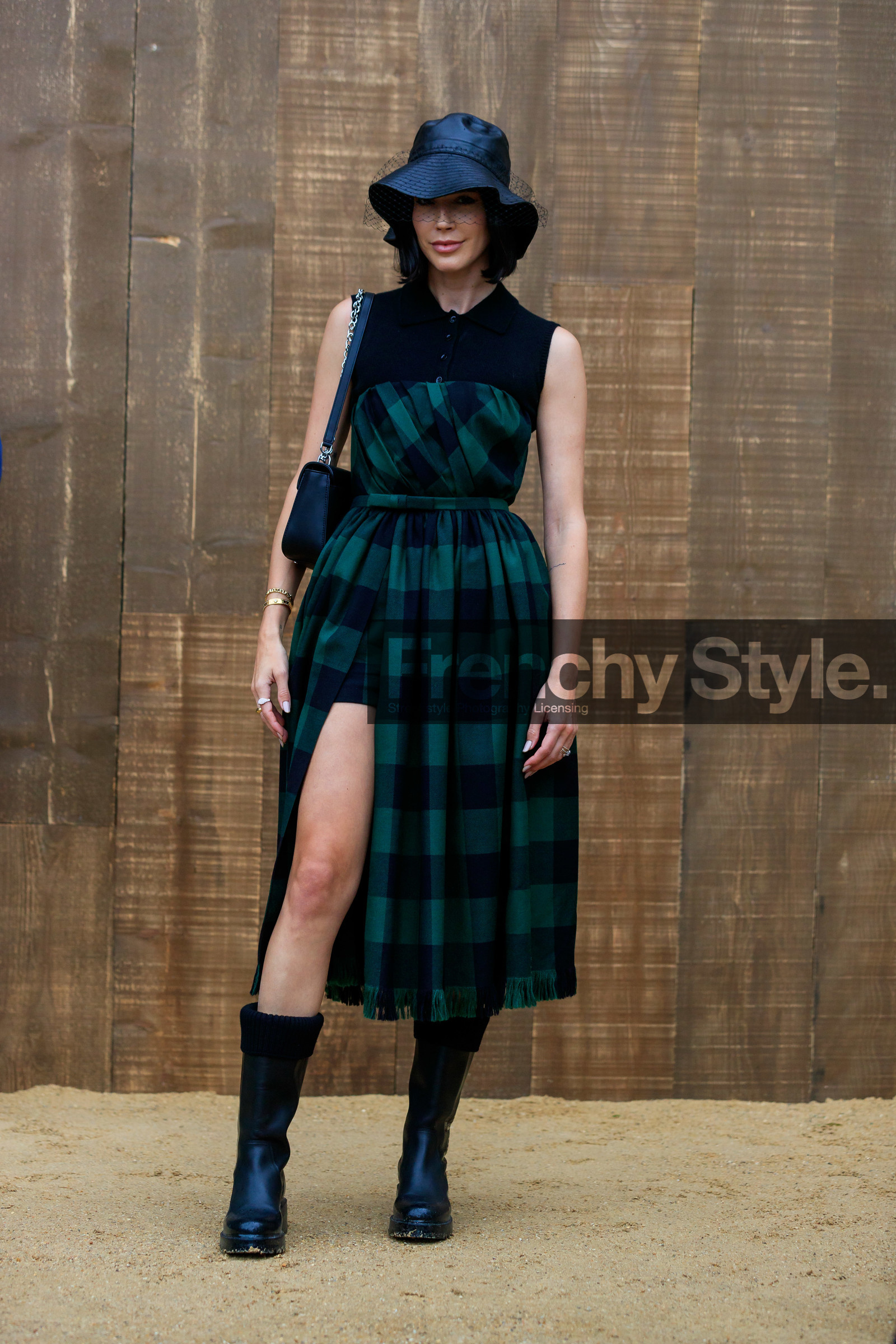 brittany xavier, black hat, tulle hat, dior hat, black dress, black leather boots, green dress, checked dress, long dress, split dress, sleeveless dress, dior dress, high boots, flat boots, chelsea boots, black socks, big sole boots, fashion week, frenchystyle, FW, jonathan paciullo, street style, SPRING SUMMER 2020, SS 20, PFW, PARIS, vertical, full length