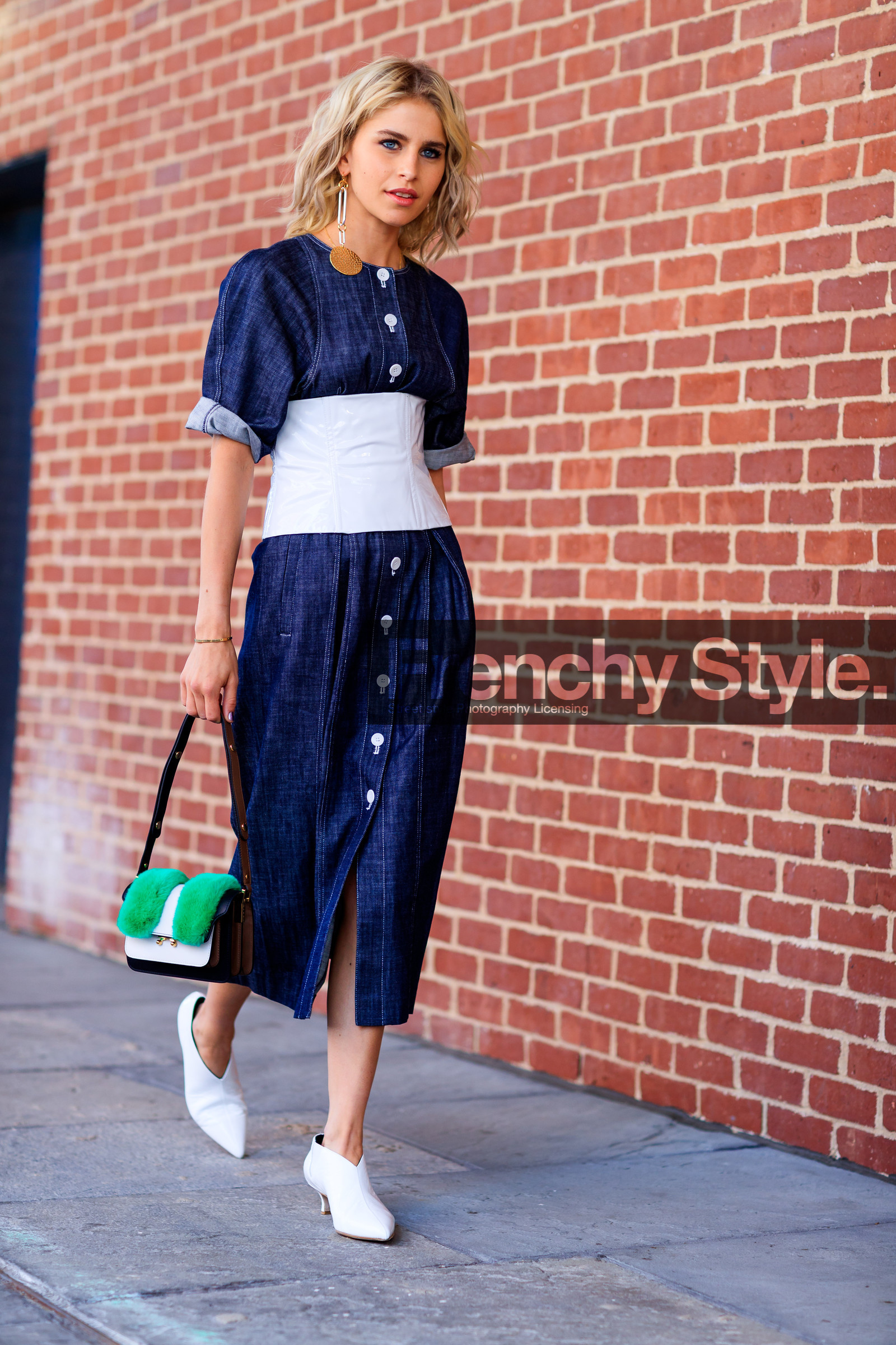 blue denim, caro daur, corset, denim dress, earrings, fashion week, frenchystyle, full length, fur bag, FW, green bag, jonathan paciullo, leather bag, NEW YORK, NYFW, SPRING SUMMER 2018, SS 18, street style, vertical, white shoes