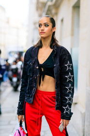 alanna arrington, black denim, black jacket, black top, crop top, denim jacket, detail, fashion week, frenchystyle, FW, jonathan paciullo, leather bag, model, PARIS, PFW, pink bag, pulled back hair, red pants, SPRING SUMMER 2017, SS 17, stars, street style, sunglasses, sweatpants, trousers, vertical, wet hair