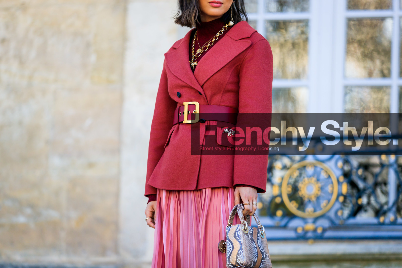aimee song, animal print, blazer, brown bag, christian dior, graphic bag, leather bag, necklace, pink skirt, pleated skirt, printed bag, red belt, red jacket, snake print, sunglasses, fashion week, frenchystyle, FW, jonathan paciullo, street style, PFW, PARIS, AUTUMN WINTER 2019-2020, AW 19-20, FALL WINTER 2019-2020, FW 19-20, horizontal, atmosphere details, detail