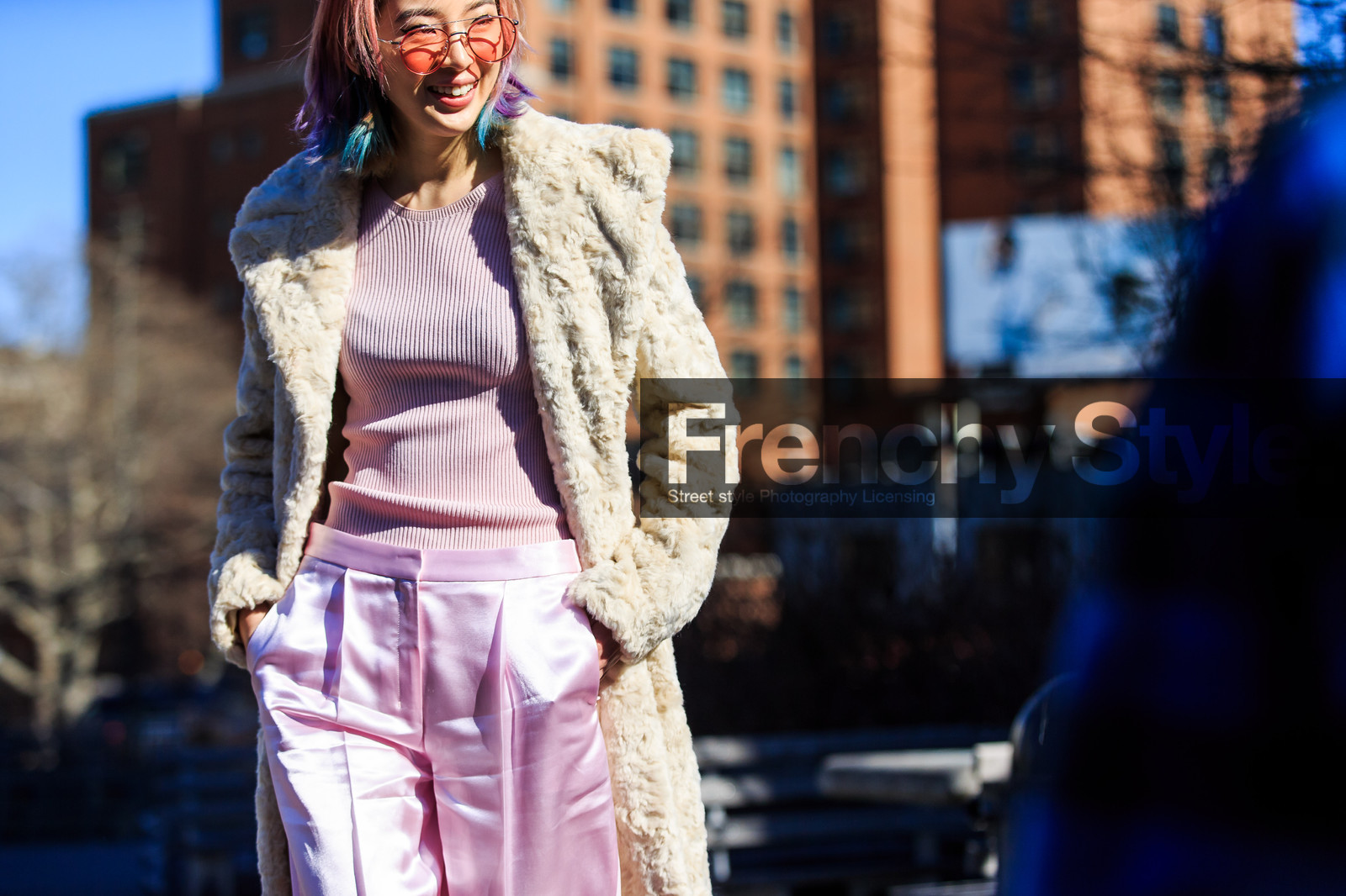atmosphere details, AUTUMN WINTER 2016-2017, AW 16-17, detail, dyed hair, fashion week, frenchystyle, fur coat, FW, FW 16-17, horizontal, irene kim, jonathan paciullo, NEW YORK, NYFW, pink pants, pink sweater, street style, sunglasses, trousers, white coat, white fur, white slippers, woman