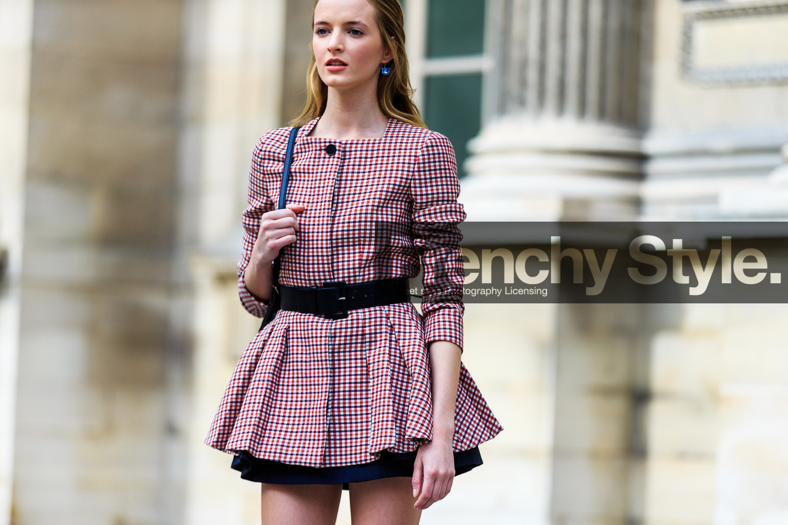 atmosphere details, AUTUMN WINTER 2016-2017, AW 16-17, belted dress, black belt, bordeaux, burgundy, check dress, checked dress, daria strokous, detail, earrings, FALL WINTER 2016-2017, fashion week, frenchystyle, FW, FW 16-17, graphic dress, horizontal, jonathan paciullo, long hair, PARIS, PFW, pink dress, plaid, printed dress, red dress, street style
