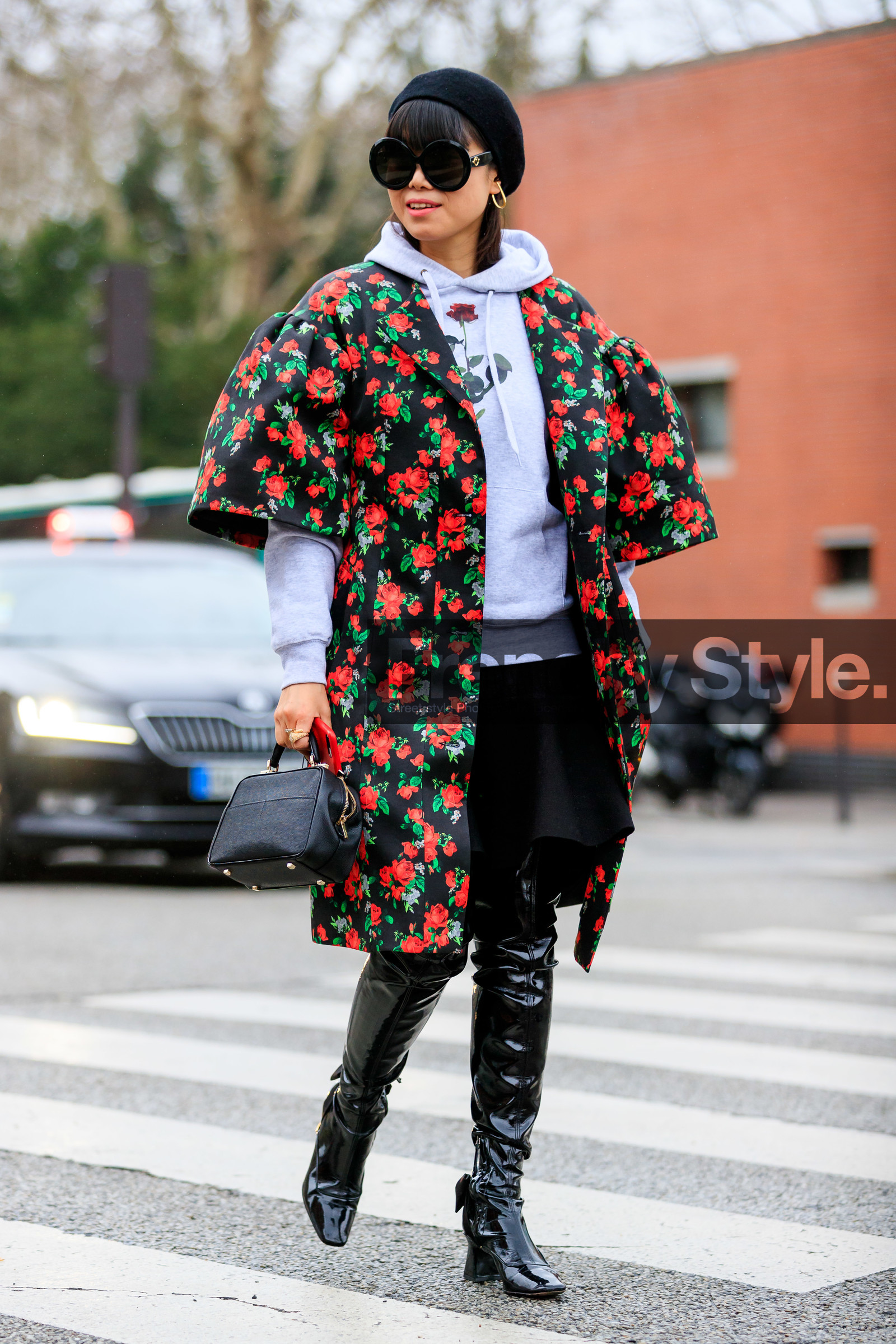 beret, black bag, black coat, black hat, black shoes, black skirt, floral, flowers, graphic jacket, grey sweater, high boots, high heels, hoodie, leaf greener, leather bag, leather shoes, printed jacket, sunglasses, trousers, PARIS, PFW, street style, jonathan paciullo, FW, frenchystyle, fashion week, AUTUMN WINTER 2019-2020, AW 19-20, FALL WINTER 2019-2020, FW 19-20, vertical, full length