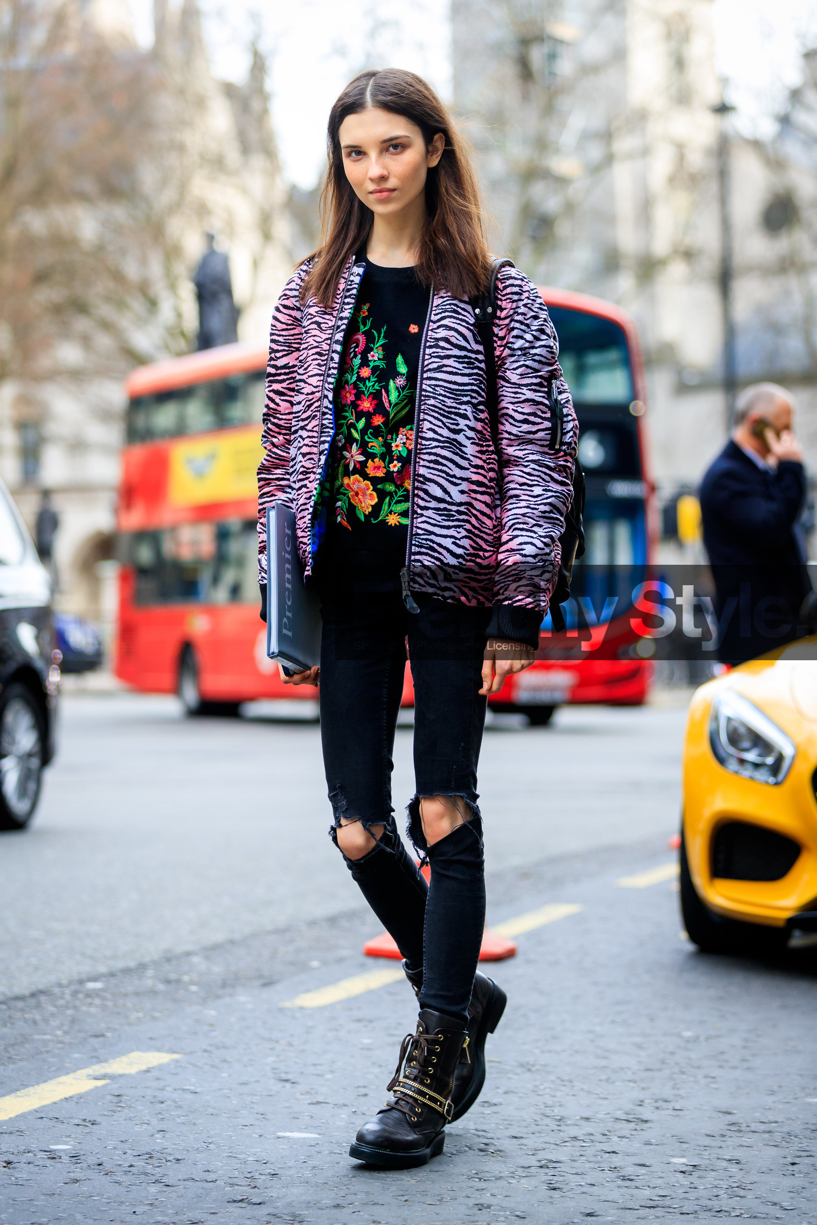 animal print, AUTUMN WINTER 2017-2018, AW 17-18, backpack, black boots, black denim, black shoes, black top, denim pants, embroidered top, FALL WINTER 2017-2018, fashion week, floral, flower, frenchystyle, full length, FW, FW 17-18, jeans, jonathan paciullo, leather shoes, LFW, LONDON, model, pink jacket, printed jacket, purple jacket, ripped pants, street style, trousers, vertical, zebra