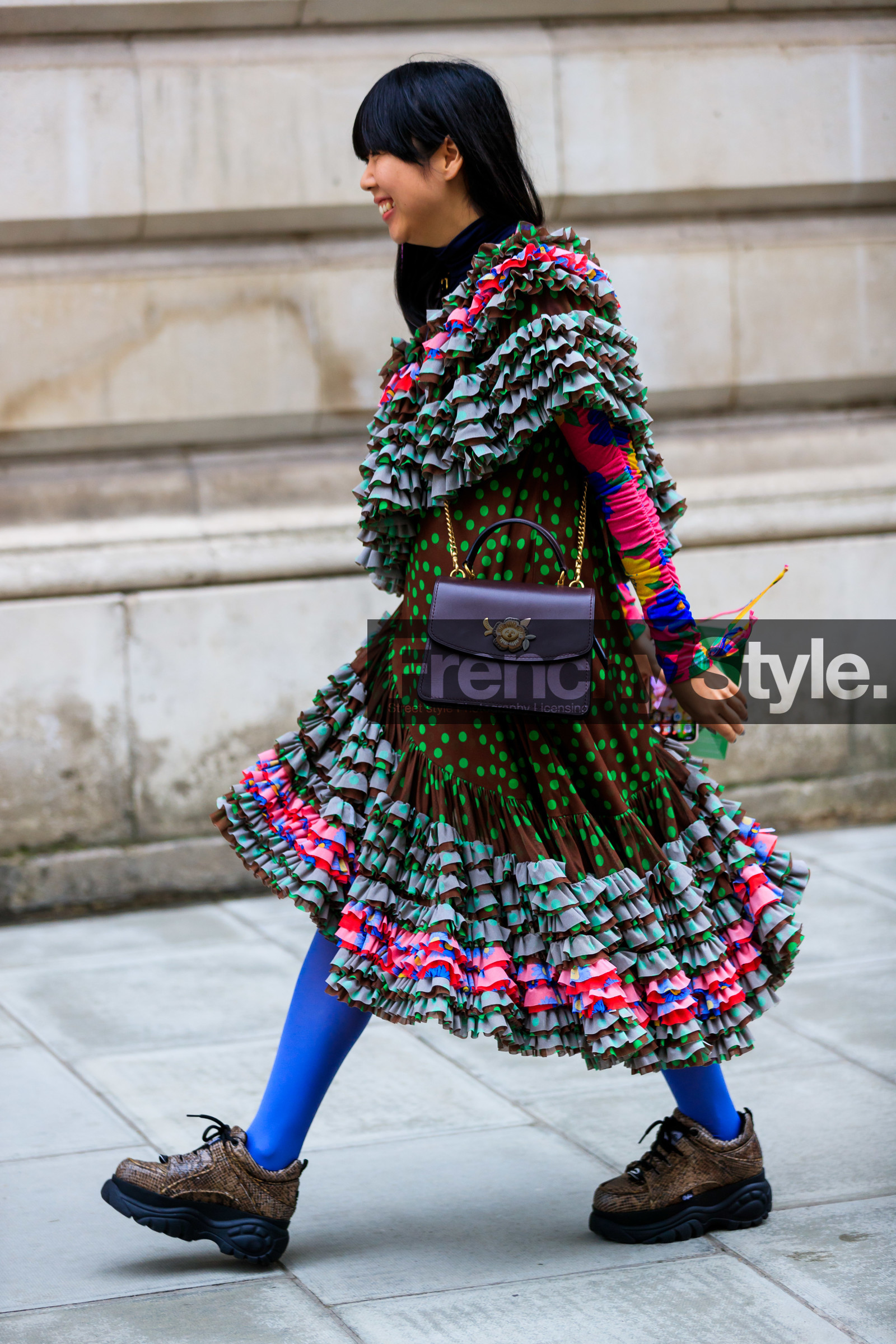brown shoes, graphic dress, leather bag, leather shoes, multicolor dress, polka dot, printed dress, purple bag, ruffles, susie lau, tights, wedges, street style, jonathan paciullo, FW, frenchystyle, fashion week, LFW, LONDON, AUTUMN WINTER 2019-2020, AW 19-20, FW 19-20, FALL WINTER 2019-2020, vertical, full length
