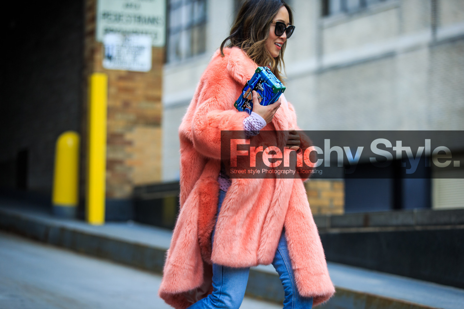aimee song, atmosphere details, AUTUMN WINTER 2016-2017, AW 16-17, black boots, blue bag, blue clutch, blue denim, denim pants, detail, fashion week, fishnet, frenchystyle, fur coat, FW, FW 16-17, horizontal, jeans, jonathan paciullo, leather boots, leather shoes, louis vuitton bag, NEW YORK, NYFW, pink coat, red bandana, red scarf, street style, sunglasses, trousers, white sweater, woman