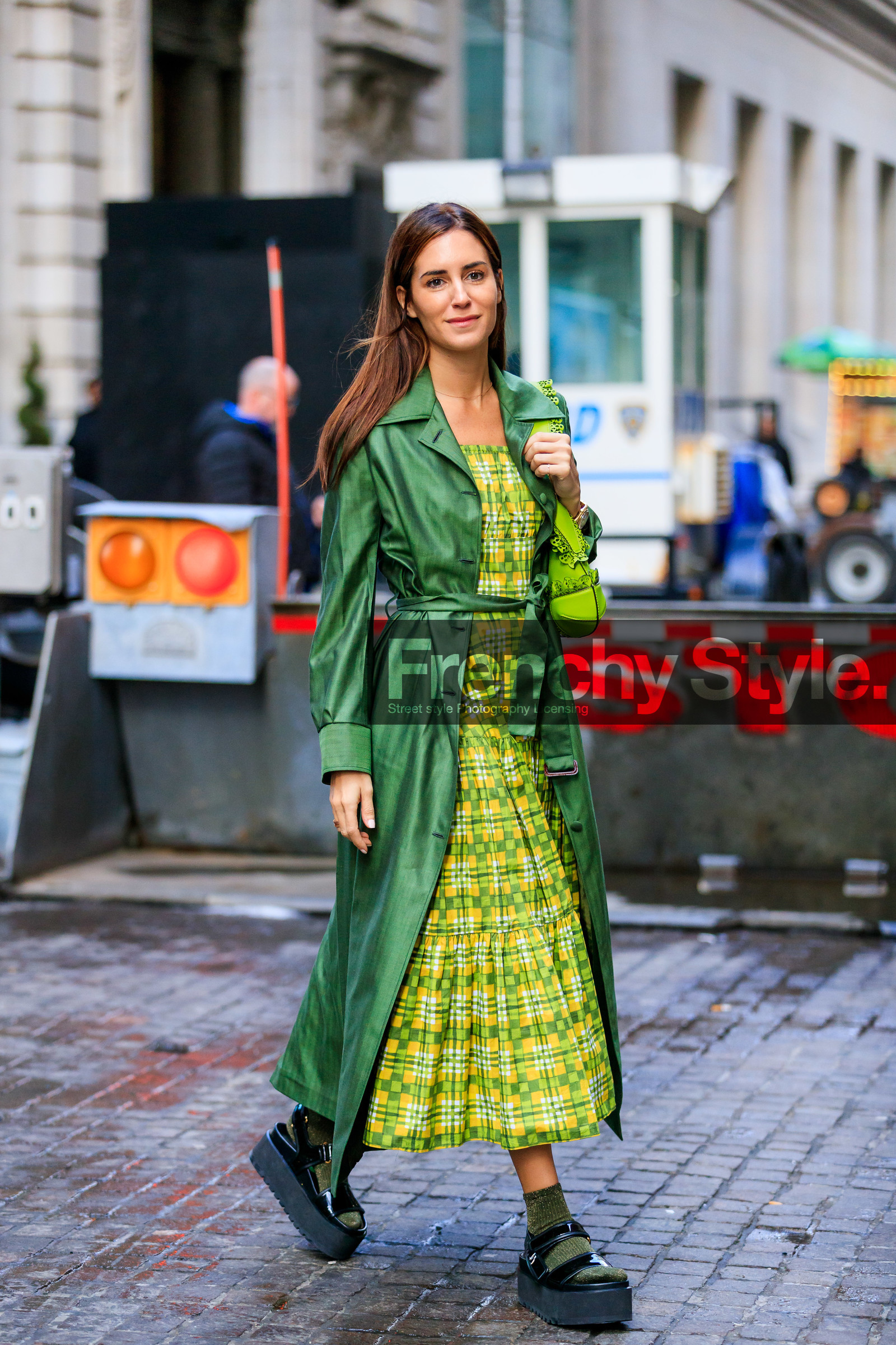 black shoes, gala gonzalez, graphic dress, green bag, green coat, green dress, green socks, leather bag, leather coat, leather shoes, pleated dress, printed dress, tone on tone, total look green, street style, jonathan paciullo, frenchystyle, NYFW, NEW YORK, AUTUMN WINTER 2019-2020, AW 19-20, FALL WINTER 2019-2020, FW 19-20, fashion week, FW, vertical, full length