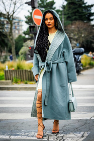 long braids, pastel blue coat, oversized coat, greek sandals, laced sandals, heels, blue handbag, loewe coat, sharon alexie, street style, jonathan paciullo, FW, frenchystyle, fashion week, AUTUMN WINTER 2022-2023, FALL WINTER 2022_2023, FW 22-23, PFW, PARIS, full length, vertical