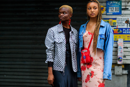 atmosphere details, black dress, blue denim, checked jacket, denim jacket, detail, earrings, fashion week, floral, flowers, frenchystyle, FW, graphic dress, graphic jacket, horizontal, jonathan paciullo, leather bag, NEW YORK, NYFW, plaid, printed dress, printed jacket, red bag, red dress, SPRING SUMMER 2018, SS 18, street style