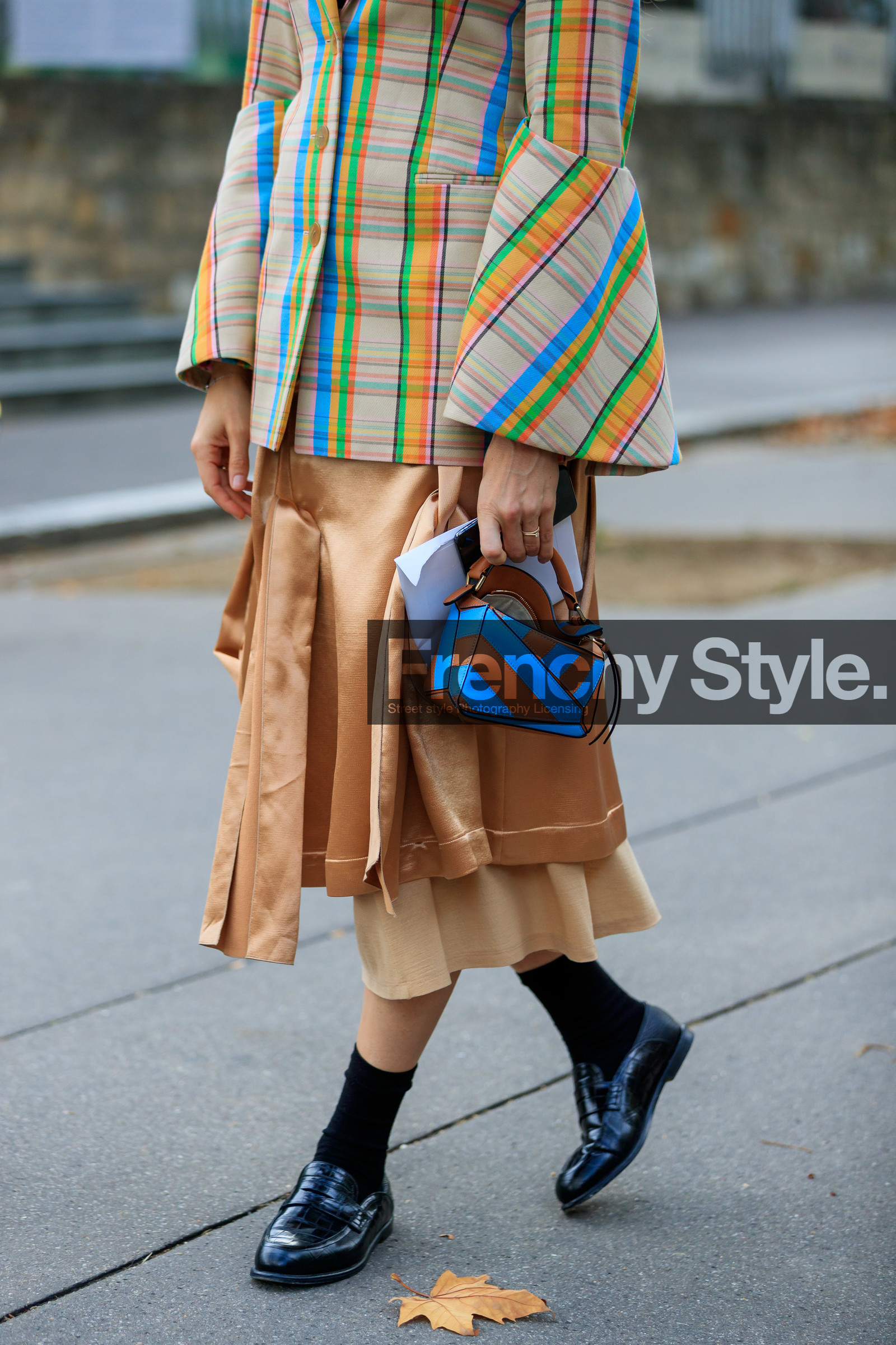 veronika heilbrunner, checked jacket, yellow jacket, green jacket, light blue jacket, orange jacket, multicolor jacket, beige skirt, silk shirt, mid long skirt, pleated skirt, satin skirt, loewe bag, loewe jacket, striped bag, blue leather bag, camel leather bag, mini bag, hand bag, black leather loafers, black socks, loewe skirt, fashion week, frenchystyle, FW, jonathan paciullo, street style, SPRING SUMMER 2020, SS 20, PFW, PARIS, vertical, atmosphere details, detail