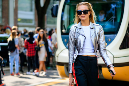 atmosphere details, black pants, detail, fashion week, frenchystyle, FW, grey jacket, horizontal, jonathan paciullo, leather jacket, leather perfecto, metallic jacket, MFW, MILAN, model, romee strijd, silver jacket, SPRING SUMMER 2017, SS 17, street style, striped pants, sunglasses, trousers, white t shirt