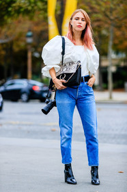 black bag, black boots, blue denim, camera, chloe, denim pants, dyed hair, fashion week, frenchystyle, full length, FW, high heels, jeans, jonathan paciullo, leather bag, leather shoes, PARIS, PFW, pink hair, snake print, SPRING SUMMER 2017, SS 17, street style, trousers, varnished leather shoes, vertical, white shirt