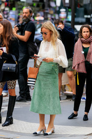 chloe sunglasses, sheer sunglasses, geometric shape glasses, white blouse, silk blouse, lace blouse, pleated blouse, green skirt, velvet skirt, corduroy skirt, mid long skirt, camel leather bag, striped bag, black leather bag, white leather bag, bucket bag, chanel shoes, sling back shoes, silvered shoes, kitten heels shoes, bicolor shoes, PARIS, PFW, SPRING SUMMER 2020, SS 20, fashion week, frenchystyle, FW, jonathan paciullo, street style, vertical, full length