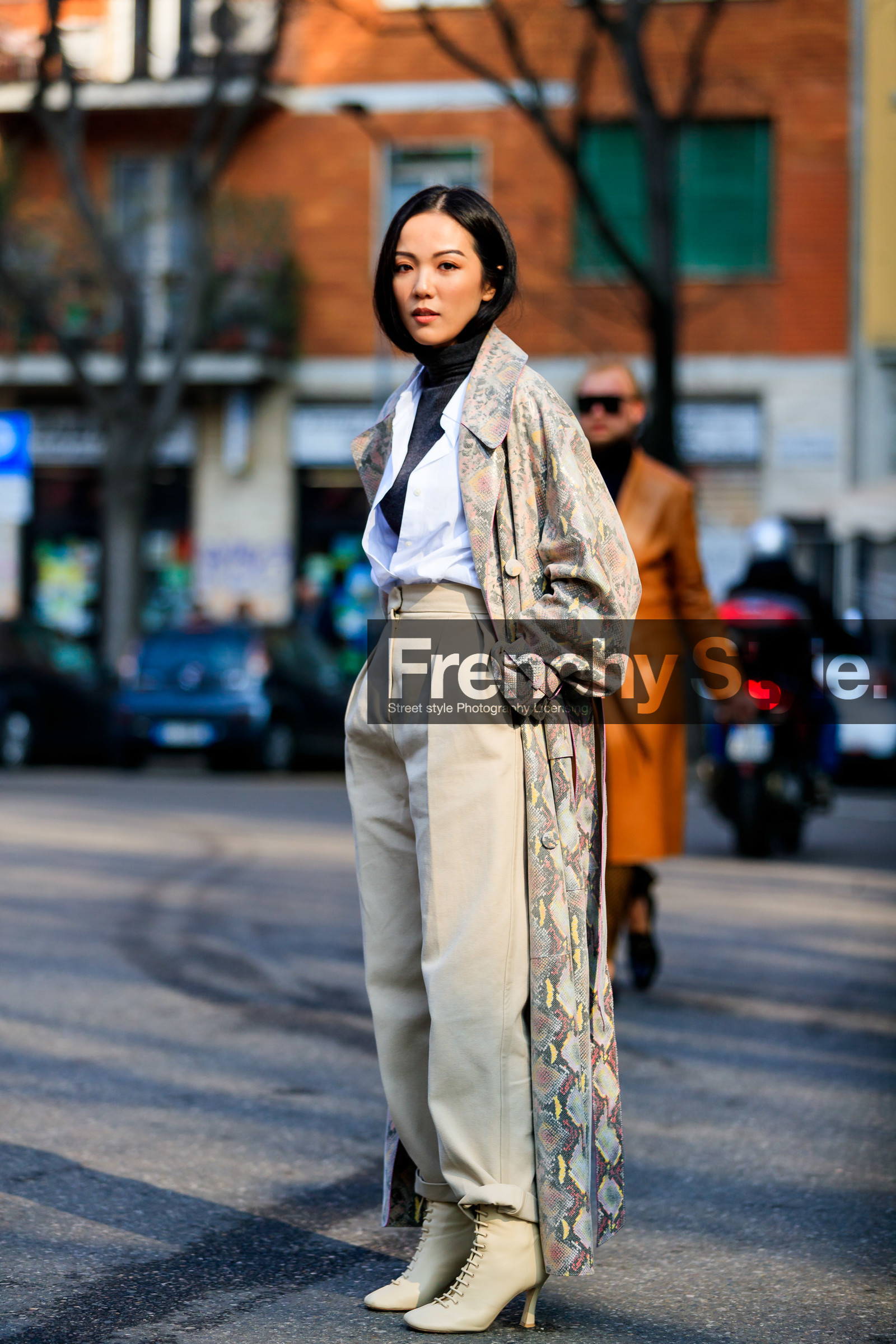animal print, beige boots, beige jacket, beige pants, black turtleneck, céline, graphic jacket, high heels, leather shoes, printed jacket, snake print, sunglasses, trousers, white shirt, yoyo cao, MILAN, MFW, fashion week, frenchystyle, FW, jonathan paciullo, street style, AUTUMN WINTER 2019-2020, AW 19-20, FALL WINTER 2019-2020, FW 19-20, vertical, full length