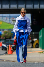 blue denim, bustier top, denim pants, denim top, fashion week, frenchystyle, full length, FW, high heels, jeans, jonathan paciullo, leather bag, leather shoes, NEW YORK, NYFW, red bag, red shoes, SPRING SUMMER 2018, SS 18, street style, sunglasses, trousers, vertical, white shirt