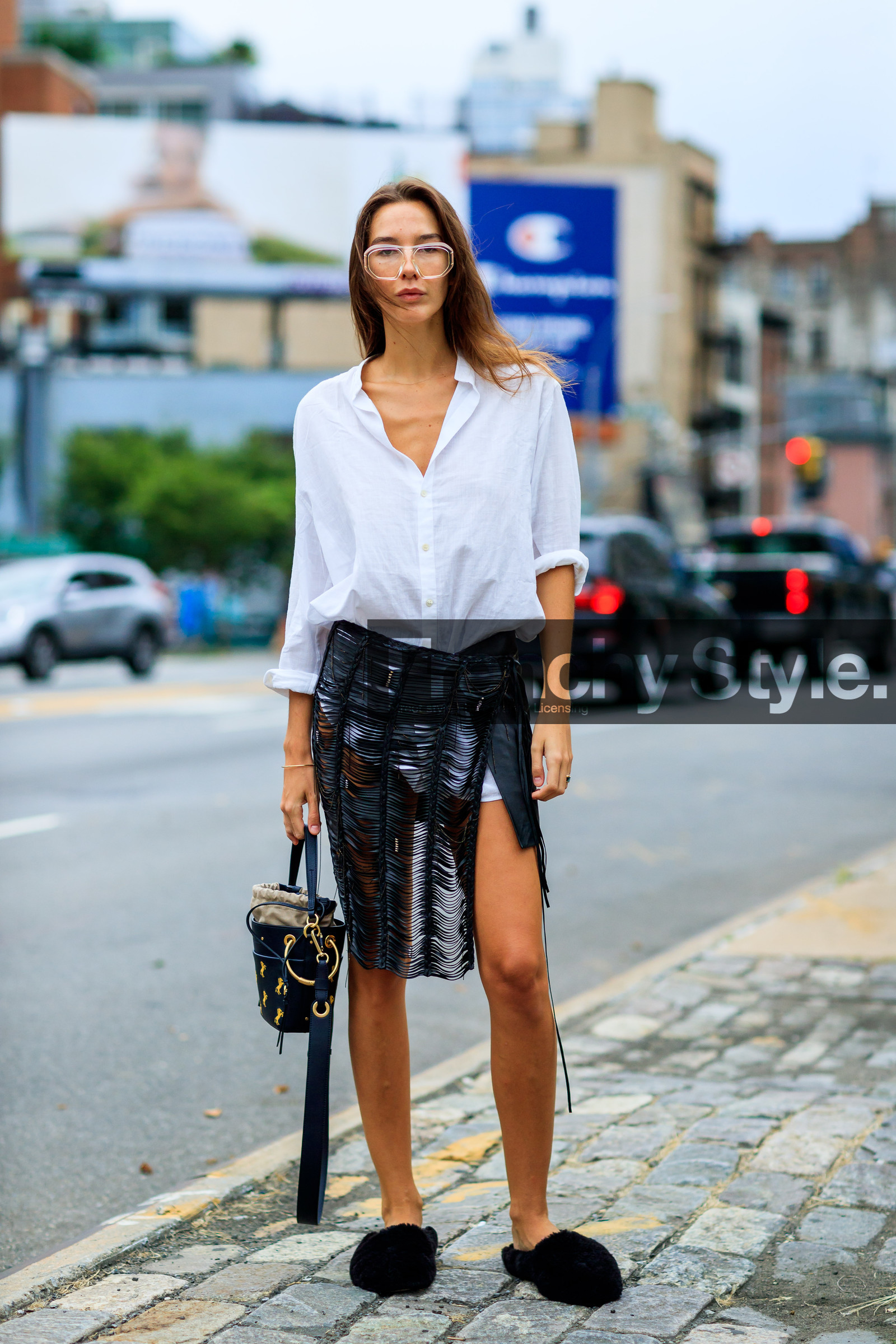 black bag, black shoes, black skirt, chloé, estelle pigault, fur shoes, graphic bag, leather bag, leather skirt, mules, printed bag, sunglasses, white shirt, fashion week, frenchystyle, FW, jonathan paciullo, street style, NYFW, NEW YORK, SPRING SUMMER 2019, SS 19, vertical, full length