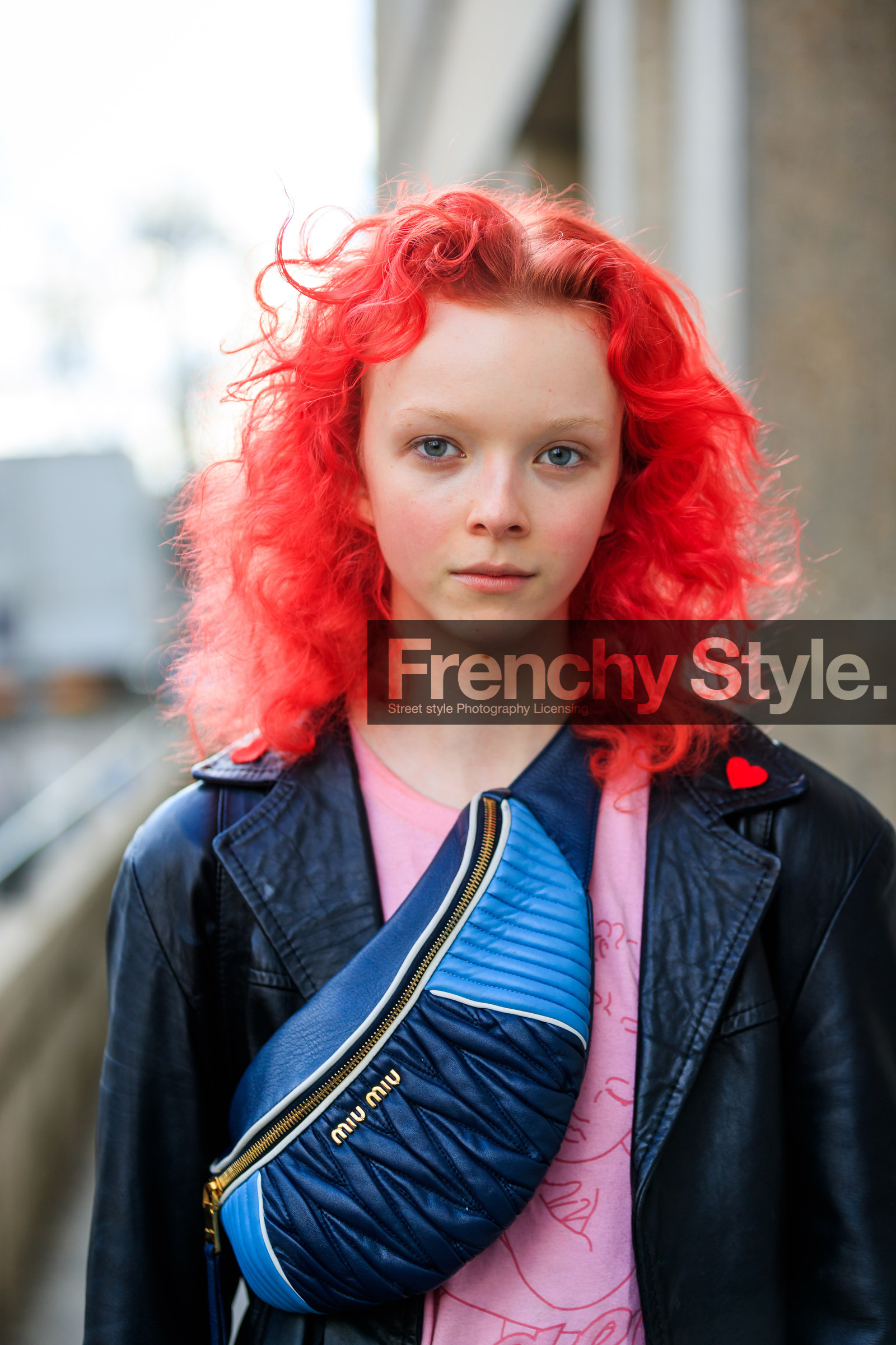 black jacket, blue bag, dyed hair, fanny pack, graphic bag, leather bag, leather jacket, miu miu, pink t shirt, printed bag, red hair, street style, jonathan paciullo, FW, frenchystyle, fashion week, PFW, PARIS, AUTUMN WINTER 2018-2019, FALL WINTER 2018-2019, FW 18-19, vertical, atmosphere details, portrait, model, lily nova