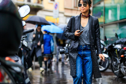 atmosphere details, AUTUMN WINTER 2016-2017, AW 16-17, black coat, black jacket, blue denim, camera, denim pants, detail, embroidered coat, FALL WINTER 2016-2017, fashion week, frenchystyle, FW, FW 16-17, grey t shirt, horizontal, jeans, jonathan paciullo, leather coat, leather jacket, LFW, LONDON, margaret, zhang, MENSWEAR, street style, studs, sunglasses, tied up scarf, trousers