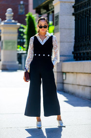 black jumpsuit, bordeaux, burgundy, Chriselle Lim, fashion week, frenchystyle, full length, FW, high heels, jonathan paciullo, lace shirt, leather bag, leather shoes, NEW YORK, NYFW, red bag, SPRING SUMMER 2018, SS 18, street style, sunglasses, trousers, vertical, white shirt, white shoes