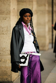 black beret, braided hair, purple pants, shiny trousers, leather blazer, stripes shirt, white vest, flower print bag, white bag, colorful shirt, model, street style, jonathan paciullo, FW, frenchystyle, fashion week, AUTUMN WINTER 2022-2023, FALL WINTER 2022_2023, FW 22-23, PFW, PARIS, vertical, detail