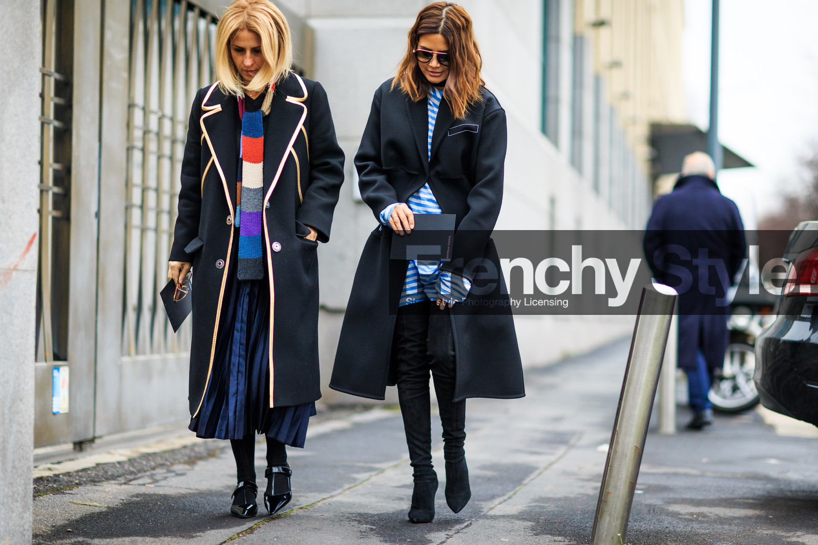atmosphere details, AUTUMN WINTER 2016-2017, AW 16-17, black coat, blue dress, Christine Centenera, detail, FALL WINTER 2016-2017, fashion week, frenchystyle, FW, FW 16-17, geometric, high boots, high heels, horizontal, jonathan paciullo, leather shoes, LFW, LONDON, MENSWEAR, navy skirt, pleated skirt, printed scarf, shirt dress, street style, striped dress, stripes, suede shoes, sunglasses, varnished leather shoes