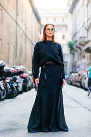 black belt, fringes, grey skirt, grey sweater, lena lademann, studs, sunglasses, fashion week, frenchystyle, FW, jonathan paciullo, street style, MFW, MILAN, SPRING SUMMER 2019, SS 19, vertical, full length