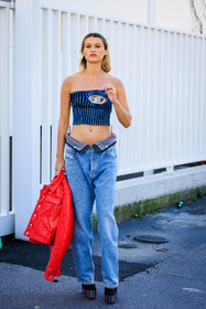 strapless top, diesel top, logo top, diesel jeans, full denim look, highwaits jeans, red jacket, short jacket, platform shoes, black pumps, chloe lecareux, fashion week, frenchystyle, FW, jonathan paciullo, street style, MFW, MILAN, FALL WINTER 2022_2023, AUTUMN WINTER 2022-2023, FW 22-23, vertical, full length