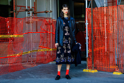 model, red lipstick, black dress, black leather jacket, embroidered dress, floral embroidered dress, smocked dress, long dress, red socks, black leather loafers, gucci shoes, fashion week, frenchystyle, FW, jonathan paciullo, street style, MFW, MILAN, AUTUMN WINTER 2020-2021, FALL WINTER 2020-2021, FW 20-21, horizontal, atmosphere details, full length