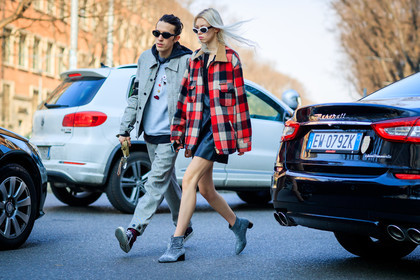atmosphere details, AUTUMN WINTER 2017-2018, AW 17-18, black dress, checked shirt, FALL WINTER 2017-2018, fashion week, frenchystyle, full length, fun sunglasses, FW, FW 17-18, graphic jacket, graphic shirt, grey jacket, grey pants, grey sweater, high heels, hoodie, horizontal, jonathan paciullo, leather dress, leather shoes, MFW, MILAN, pins, plaid, printed jacket, printed shirt, red shirt, silver shoes, street style, sunglasses