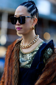 close up detail, plaited hair, big chain necklace, golden necklace, big sunglasses, black sunglasses, golden top, sequins top, brown coat, fur coat, fashion week, frenchystyle, FW, jonathan paciullo, street style, AUTUMN WINTER 2020-2021, FALL WINTER 2020-2021, FW 20-21, vertical, atmosphere details, detail, NYFW, NEW YORK