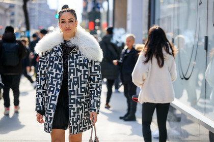 tamara kalinic, longchamps coat, white coat, black coat, fur coat, logo printed coat, monogrammed coat, longchamps dress, pleated dress, black dress, lace dress, monogrammed dress, prada bag, light beige bag, hand bag, black sunglasses, strassed sunglasses, golden earrings, dangling earrings, mini dress, fashion week, frenchystyle, FW, jonathan paciullo, street style, FALL WINTER 2020-2021, AUTUMN WINTER 2020-2021, FW 20-21, horizontal, atmosphere details, detail, NYFW, NEW YORK