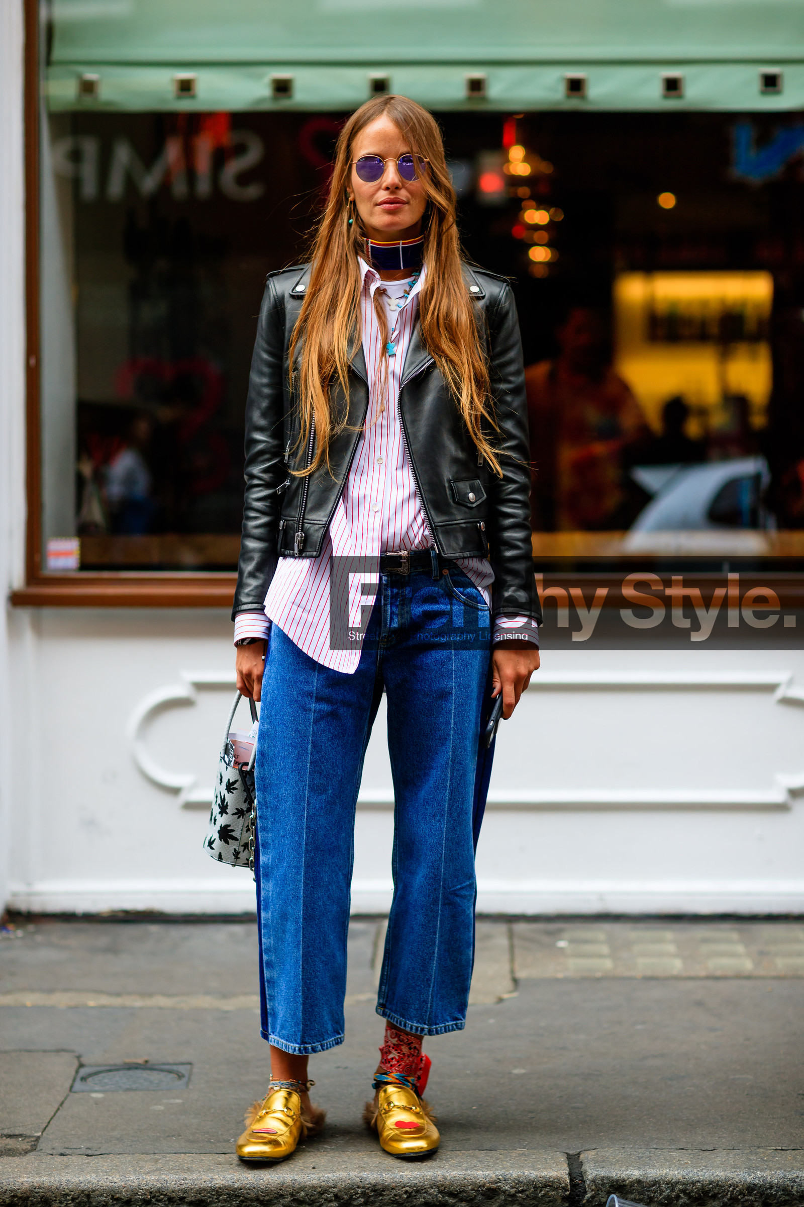 black belt, black jacket, black perfecto, blue denim, carlotta oddi, choker, denim pants, fashion week, frenchystyle, full length, FW, gold slippers, gucci, jeans, jonathan paciullo, leather bag, leather belt, leather jacket, leather perfecto, leather shoes, LFW, LONDON, necklace, printed bag, red bandana, shiny shoes, shiny slippers, SPRING SUMMER 2017, SS 17, stars, street style, striped shirt, sunglasses, trousers, tucked in, vertical, white bag, white shirt, woman