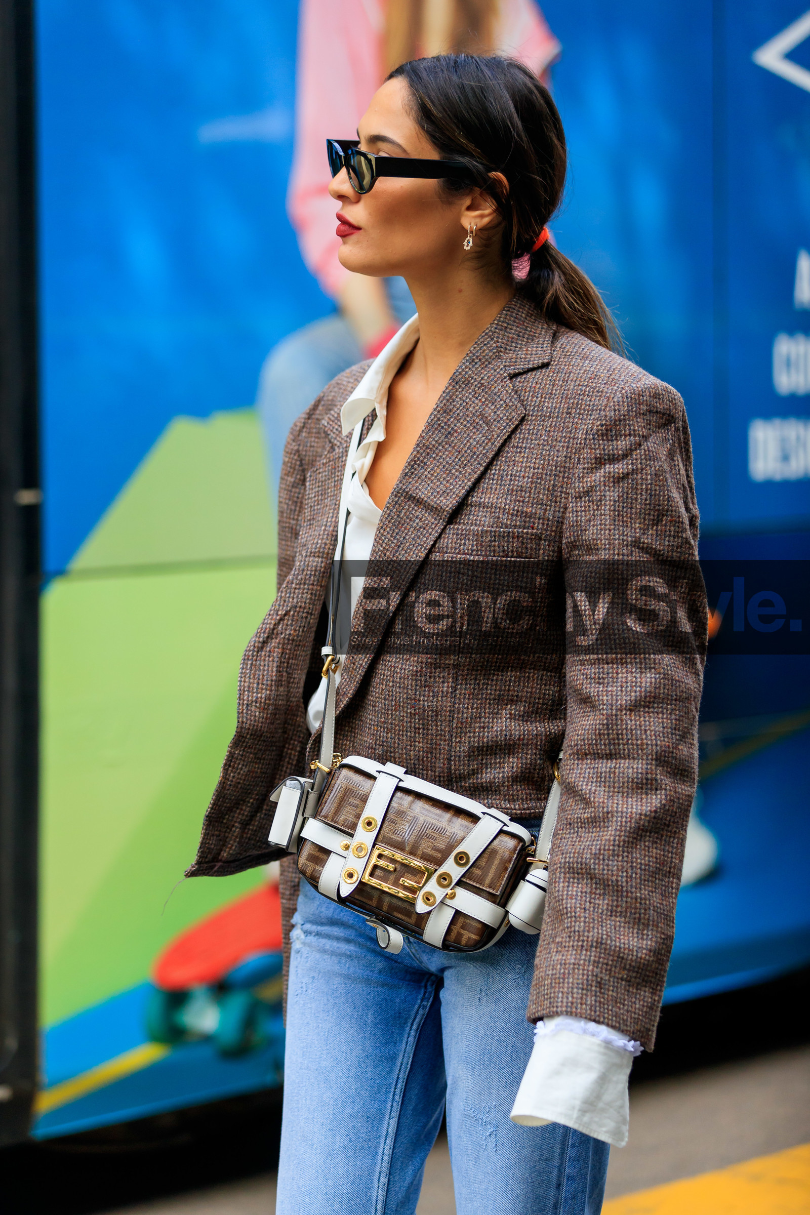 crossbody bag, fendi bag, monogrammed bag, brown leather bag, beige jacket, checked jacket, black sunglasses, butterfly sunglasses, fashion week, frenchystyle, FW, jonathan paciullo, street style, vertical, atmosphere details, detail, MFW, MILAN, SPRING SUMMER 2020, SS 20