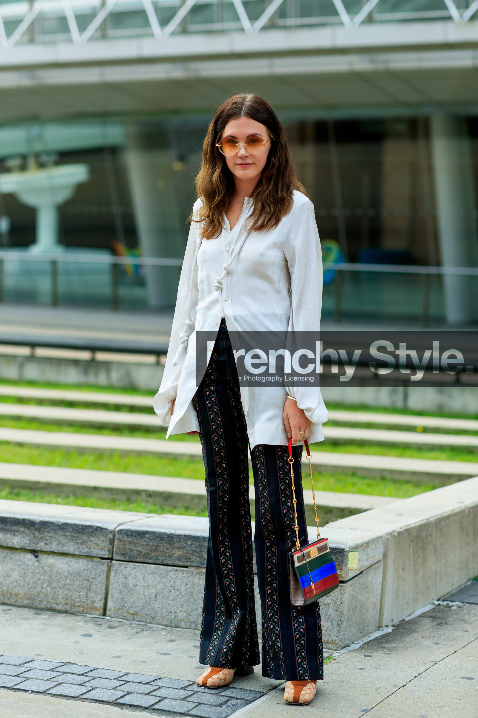 black pants, brown boot, floral, flowers, graphic bag, graphic pants, graphic shoes, gucci, leather bag, leather shoes, madelynn furlong, monogram, multicolor bag, printed bag, printed pants, printed shoes, striped bag, sunglasses, trousers, white shirt, street style, jonathan paciullo, FW, frenchystyle, fashion week, NEW YORK, NYFW, SPRING SUMMER 2020, SS 20, vertical, full length