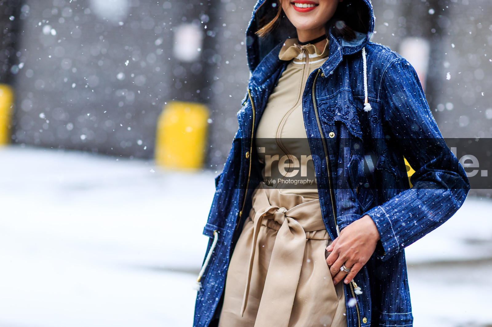 atmosphere details, AUTUMN WINTER 2016-2017, AW 16-17, beige skirt, beige sweater, blue denim, Chriselle Lim, denim jacket, detail, dots, embroidered jacket, fashion week, frenchystyle, FW, FW 16-17, hood, horizontal, jonathan paciullo, NEW YORK, NYFW, polka dot, red lips, silk skirt, street style, woman, zip