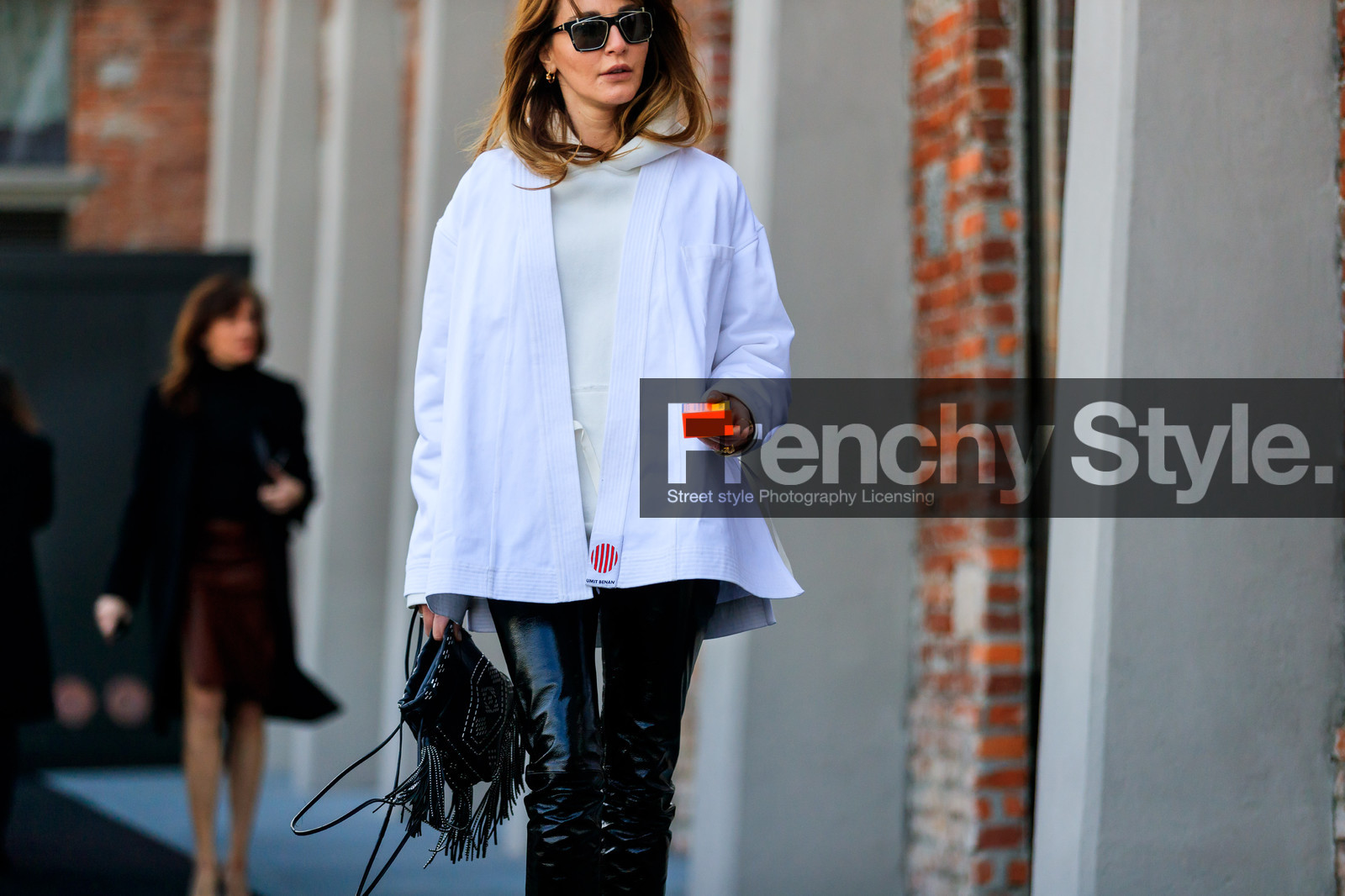 black bag, black pants, fringes, hoodie, leather bag, leather pants, sunglasses, trousers, umit benan, white jacket, white sweater, fashion week, frenchystyle, FW, jonathan paciullo, street style, MFW, MILAN, AUTUMN WINTER 2018-2019, FALL WINTER 2018-2019, FW 18-19, horizontal, atmosphere details, ece sukan