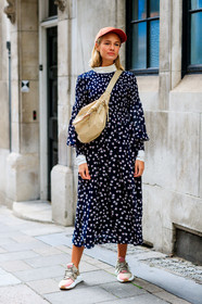 adidas, beige bag, beige sneakers, blue dress, fanny pack, floral, flowers, graphic dress, leather bag, leather shoes, printed dress, red cap, fashion week, frenchystyle, FW, jonathan paciullo, street style, LFW, LONDON, SPRING SUMMER 2019, SS 19, vertical, full length