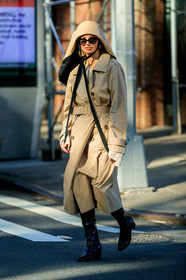 xenia adonts, beige hat, beige trench coat, big hat, belted trench coat, black polish boots, high boots, kitten heels boots, light beige hat, light beige trench coat, fashion week, frenchystyle, FW, jonathan paciullo, street style, AUTUMN WINTER 2020-2021, FALL WINTER 2020-2021, FW 20-21, vertical, full length, NYFW, NEW YORK