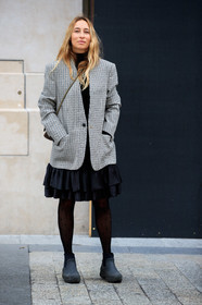 alexandra golovanoff, oversize jacket, checked jacket, beige jacket, black dress, black tights, black boots, ruffle dress, rain boots, low boots, plastic boots, chelsea boots, monogrammed tights, plumetis tights, kaki bag, satin dress, PARIS, PFW, fashion week, frenchystyle, FW, jonathan paciullo, street style, SPRING SUMMER 2021, SS 21, vertical, full length