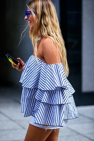 atmosphere details, detail, fashion week, frenchystyle, FW, jonathan paciullo, NEW YORK, NYFW, off the shoulder, ruffles, SPRING SUMMER 2018, SS 18, street style, striped shirt, stripes, sunglasses, vertical, white shirt