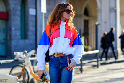 atmosphere details, AUTUMN WINTER 2017-2018, AW 17-18, blue denim, denim pants, detail, ece sukan, FALL WINTER 2017-2018, fashion week, frenchystyle, FW, FW 17-18, graphic jacket, horizontal, jeans, jonathan paciullo, MFW, MILAN, pink, printed jacket, rain jacket, red, street style, sunglasses, trousers, white