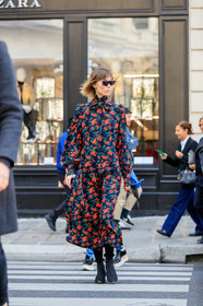 anya ziourova, black dress, black suede boots, black sunglasses, futurist shape sunglasses, floral printed dress, red dress, high collar dress, lavalliere collar, balloon sleeves, long dress, long sleeves dress, ruffle boots, low boots, kitten heels boots, green dress, PARIS, PFW, SPRING SUMMER 2020, SS 20, fashion week, frenchystyle, FW, jonathan paciullo, street style, vertical, full length