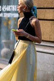 black bag, black top, blue scarf, caro daur, earrings, headscarf, leather bag, pleated skirt, sunglasses, yellow skirt, fashion week, frenchystyle, FW, jonathan paciullo, street style, MFW, MILAN, SPRING SUMMER 2019, SS 19, vertical, atmosphere details, detail