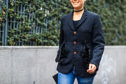 atmosphere details, AUTUMN WINTER 2016-2017, AW 16-17, black jacket, blazer, blue denim, choker, denim pants, detail, embroidered jacket, FALL WINTER 2016-2017, fashion week, frenchystyle, FW, FW 16-17, horizontal, jeans, jonathan paciullo, LFW, LONDON, MENSWEAR, necklace, street style, trousers