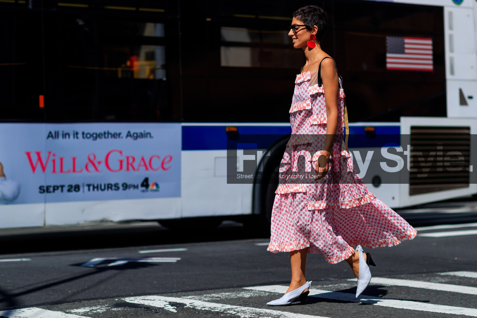 atmosphere details, cartier, checked dress, earrings, fashion week, frenchystyle, full length, FW, graphic dress, high heels, horizontal, jonathan paciullo, leather shoes, NEW YORK, NYFW, pink dress, plaid, printed dress, SPRING SUMMER 2018, SS 18, street style, sunglasses, watch, white shoes, yasmin sewell