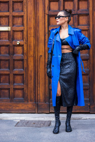 balenciaga sunglasses, black boots, black crop top, black gloves, black shoes, black skirt, black sunglasses, black top, blue coat, coat, color, crop top, electric blue, gloves, Karina Nigay, leather boots, leather coat, leather gloves, long coat, sequins, skirt, splited skirt, sunglasses, fashion week, frenchystyle, FW, jonathan paciullo, street style, SPRING SUMMER 2022, SS 22, MFW, MILAN, vertical, full length