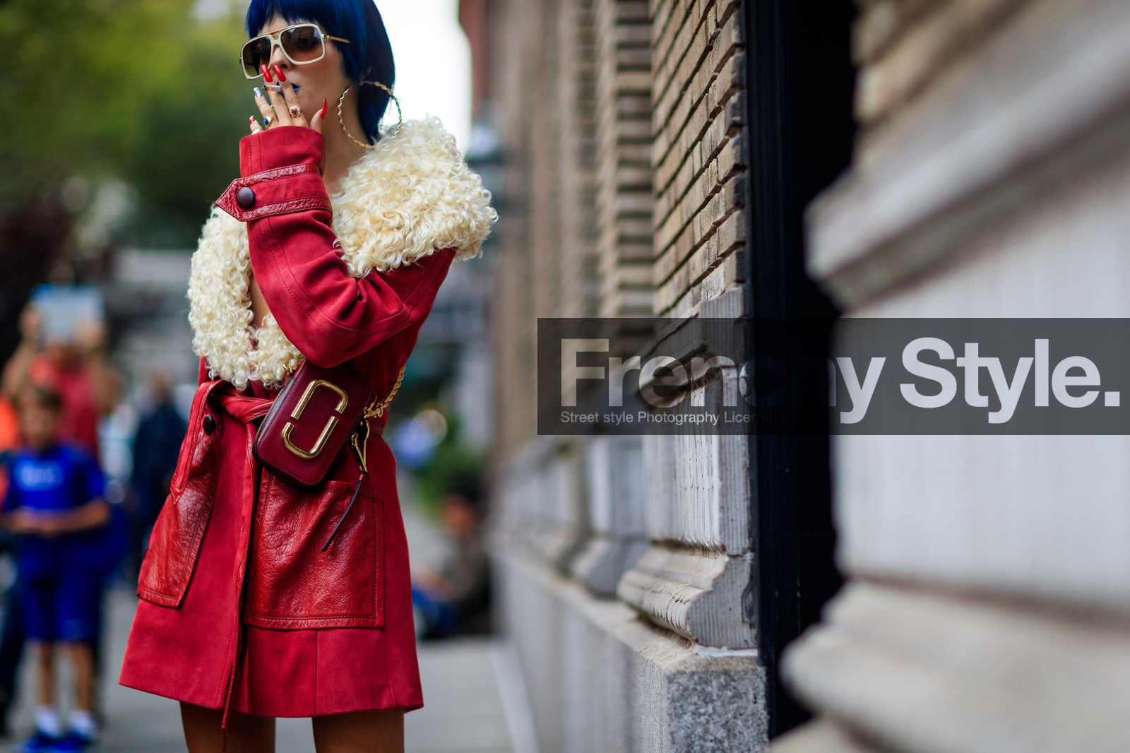 atmosphere details, blue hair, detail, dyed hair, earrings, fashion week, frenchystyle, fur collar, FW, graphic bag, horizontal, jonathan paciullo, leather bag, leather coat, NEW YORK, NYFW, red bag, red coat, shearling, sita abellan, SPRING SUMMER 2018, SS 18, street style, sunglasses