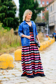 blue denim, choker, denim jacket, fashion week, frenchystyle, full length, FW, geometric, graphic dress, jonathan paciullo, leather bag, MFW, MILAN, multicolor dress, necklace, printed dress, SPRING SUMMER 2017, SS 17, street style, striped dress, stripes, vertical