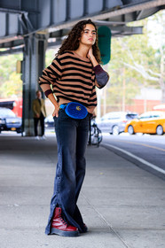 beige sweater, black denim, blue bag, chiara scelsi, denim pants, fanny pack, fashion week, frenchystyle, full length, FW, graphic sweater, gucci, jeans, jonathan paciullo, leather bag, leather shoes, NEW YORK, NYFW, red boots, SPRING SUMMER 2018, SS 18, street style, striped sweater, trousers, velvet, vertical